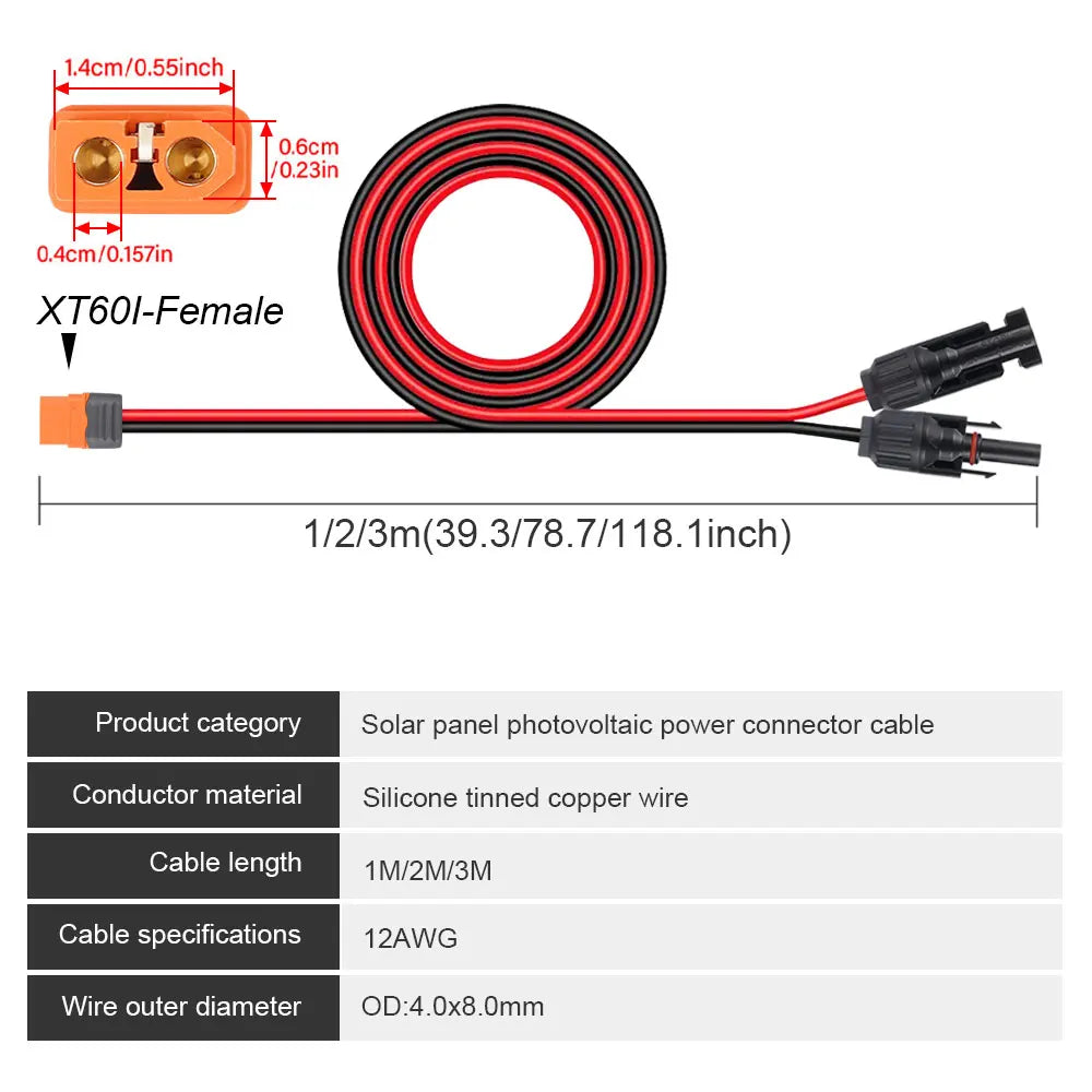A red and black solar photovoltaic power connector cable with a female plug and male connector, measuring 1/2 to 3 meters lon