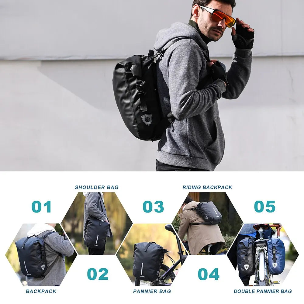 A collection of foldable waterproof bike pannier bags shown in various angles and contexts.