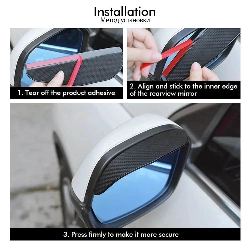 Installation steps showing how to tear off adhesive, align a carbon fiber shield, and press it onto the rearview mirror.
