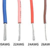 A row of multi-stranded copper wires in various colors and gauges, including 16AWG through 30AWG.