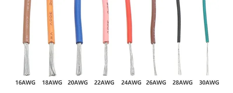 A row of multi-stranded copper wires in various colors and gauges, including 16AWG through 30AWG.
