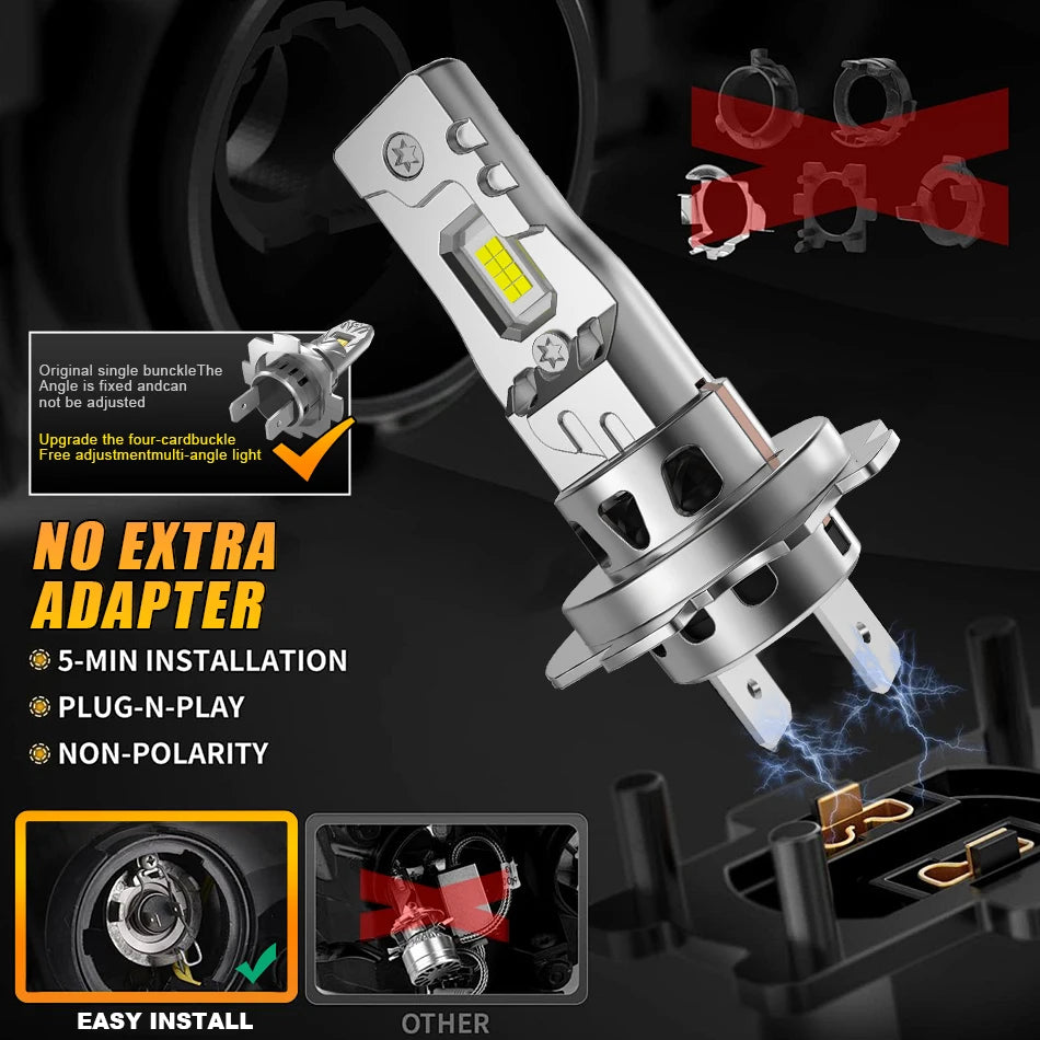 A silver H7 LED headlight bulb is shown with an adapter and installation guide.
