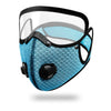 A blue mesh face mask with a clear visor and black trim for cycling or outdoor use.