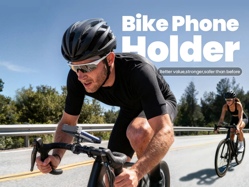 A man riding a bicycle is using a bike phone holder for motorcycle safety.