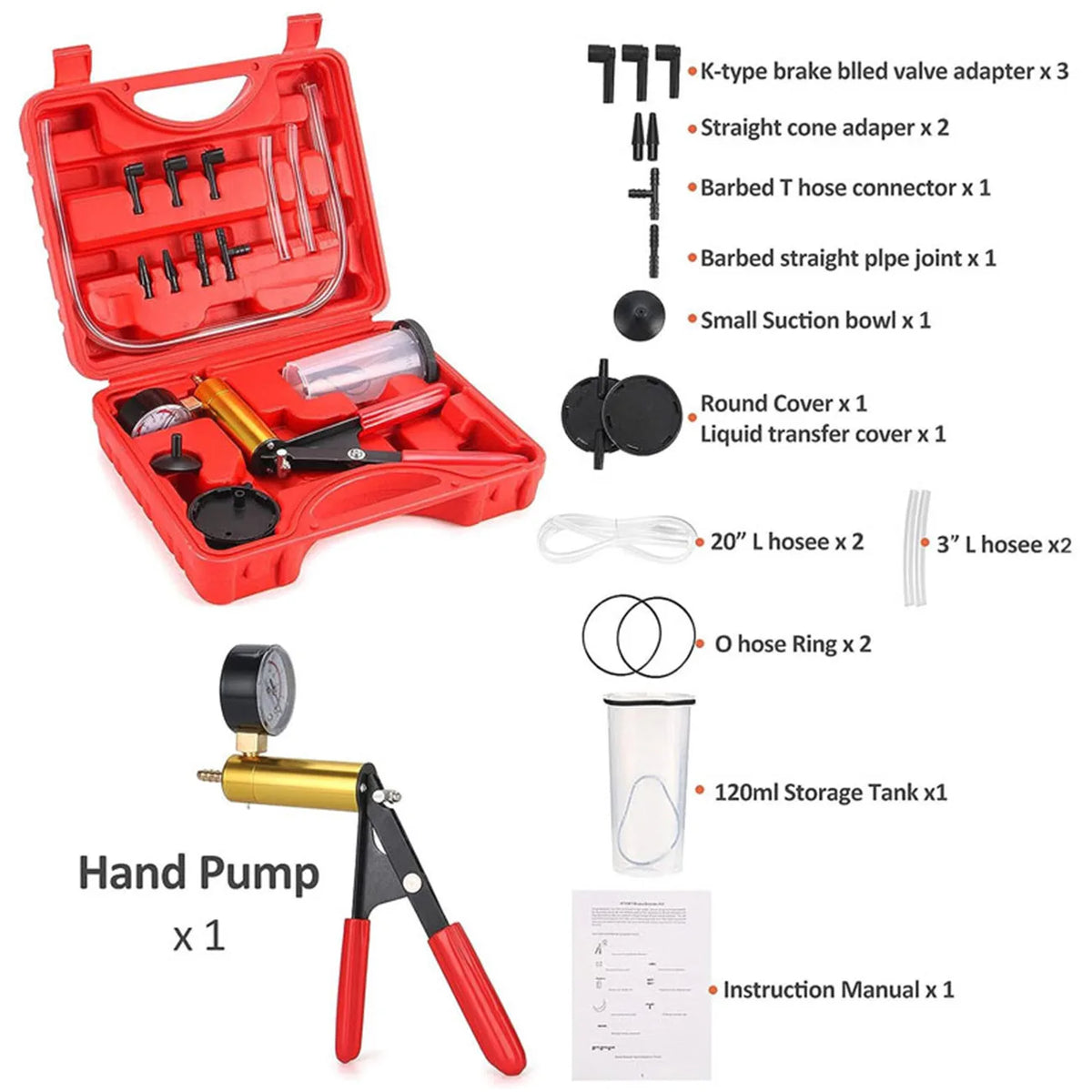 Red manual vacuum pump and brake bleeder kit with various adapters, hoses, and storage tanks