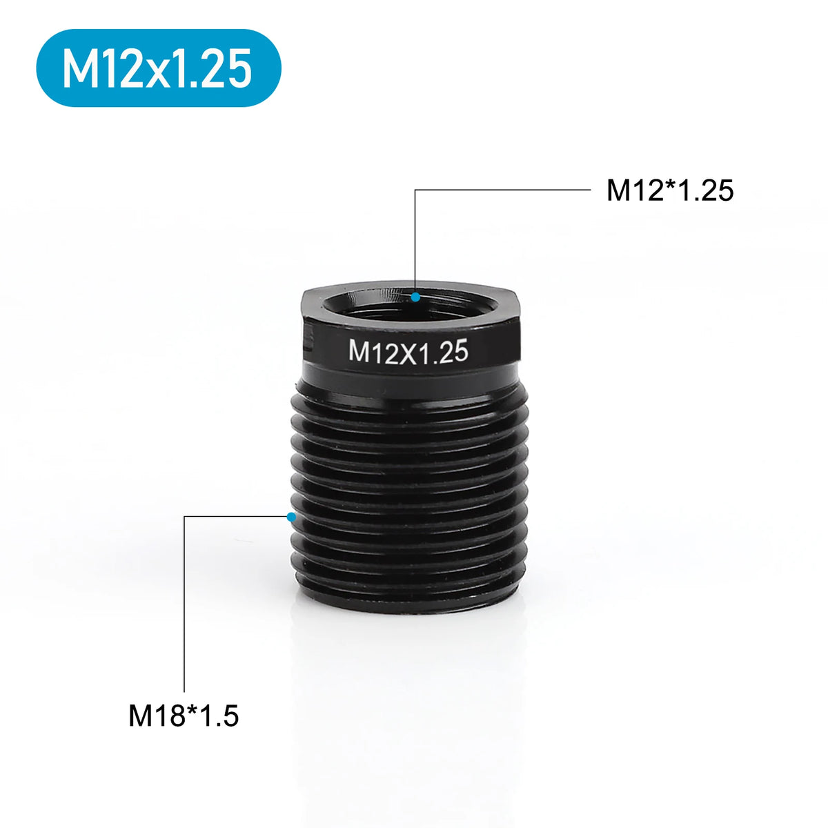 A black M12x1.25 threaded adapter for a universal aluminum shift knob.