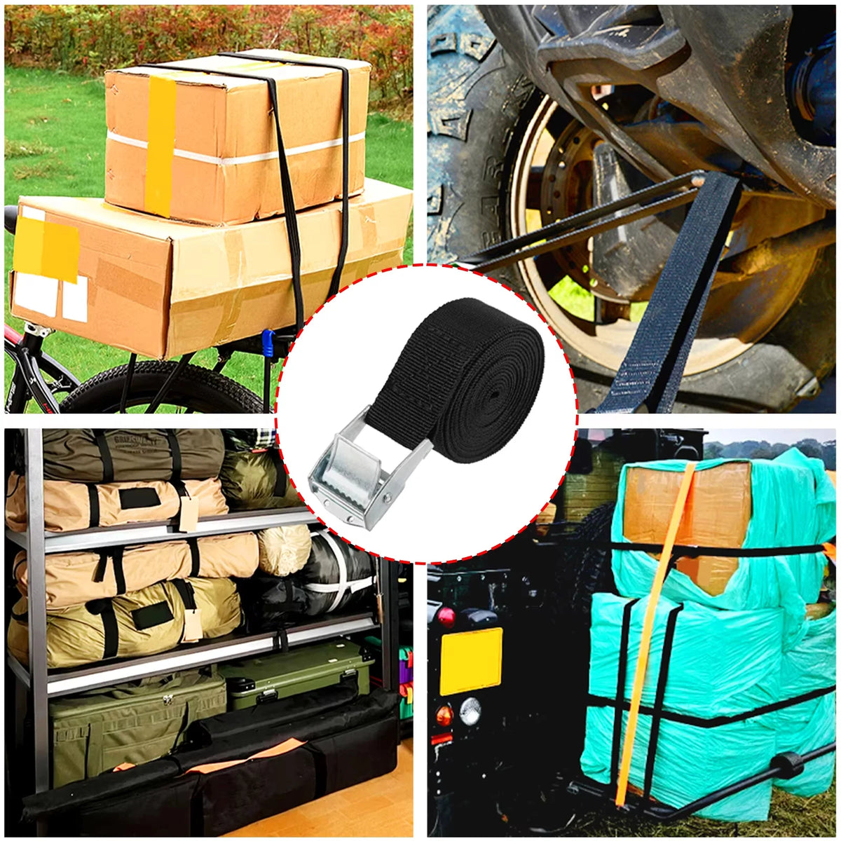 Heavy-duty cam buckle tie-down straps with rust-resistant alloy buckles shown in various applications.