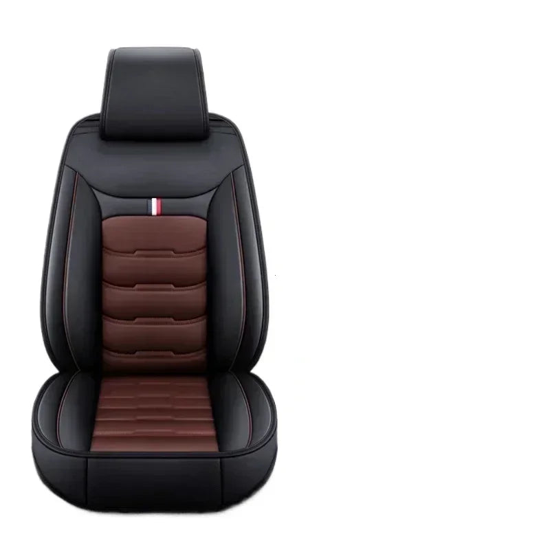 Black PU leather car seat covers with red and white stripe accents for an SUV interior.