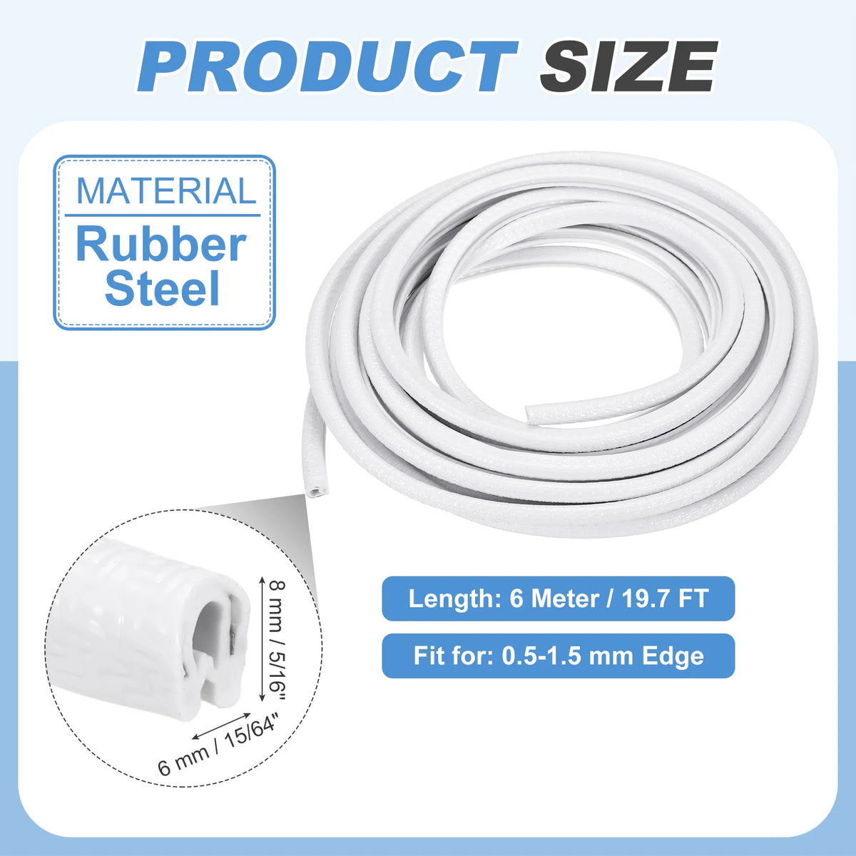 Viga de acero, cinta de goma blanca, de 6 metros de largo y apta para bordes de 0.5 a 1.5 mm