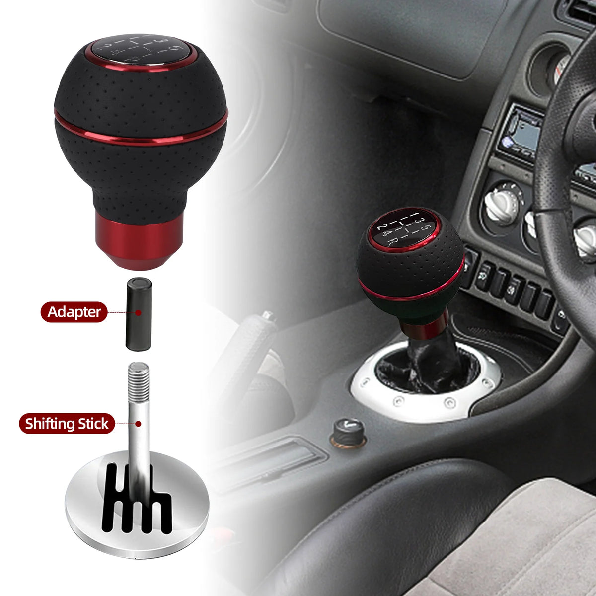 A gear shift knob adapter and shifting stick for a universal 5-speed gear shift knob.