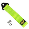 Bright lime green heavy-duty bumper tow hook with a rope for vehicle recovery