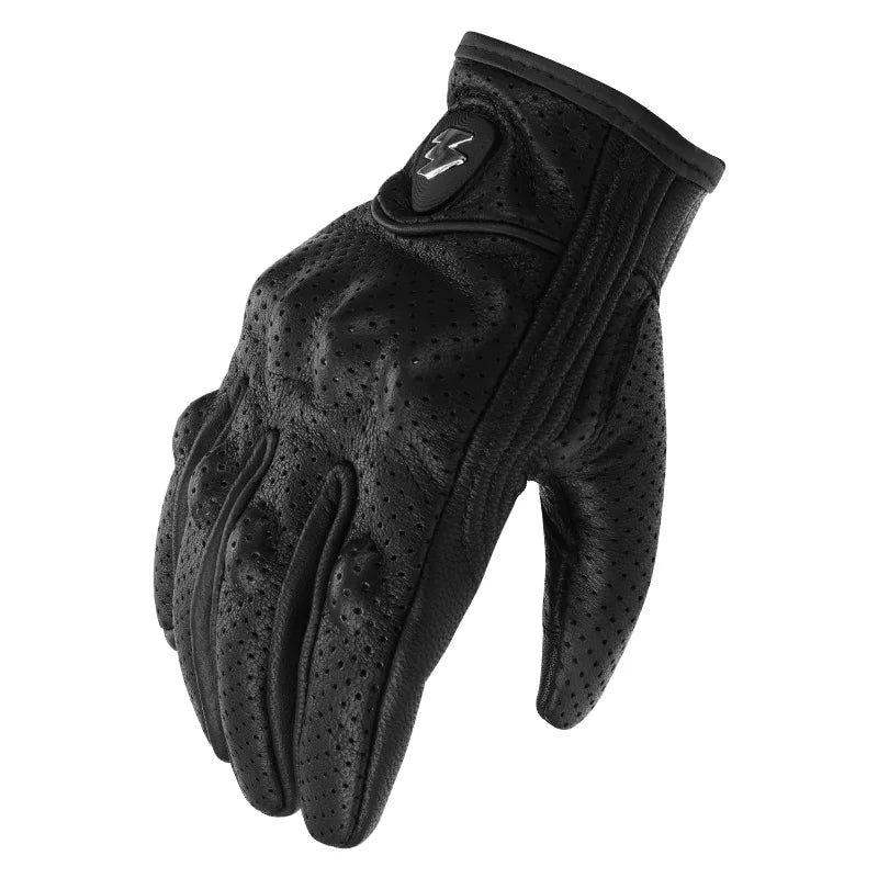 Black leather motorcycle and cycling gloves shown from the back view