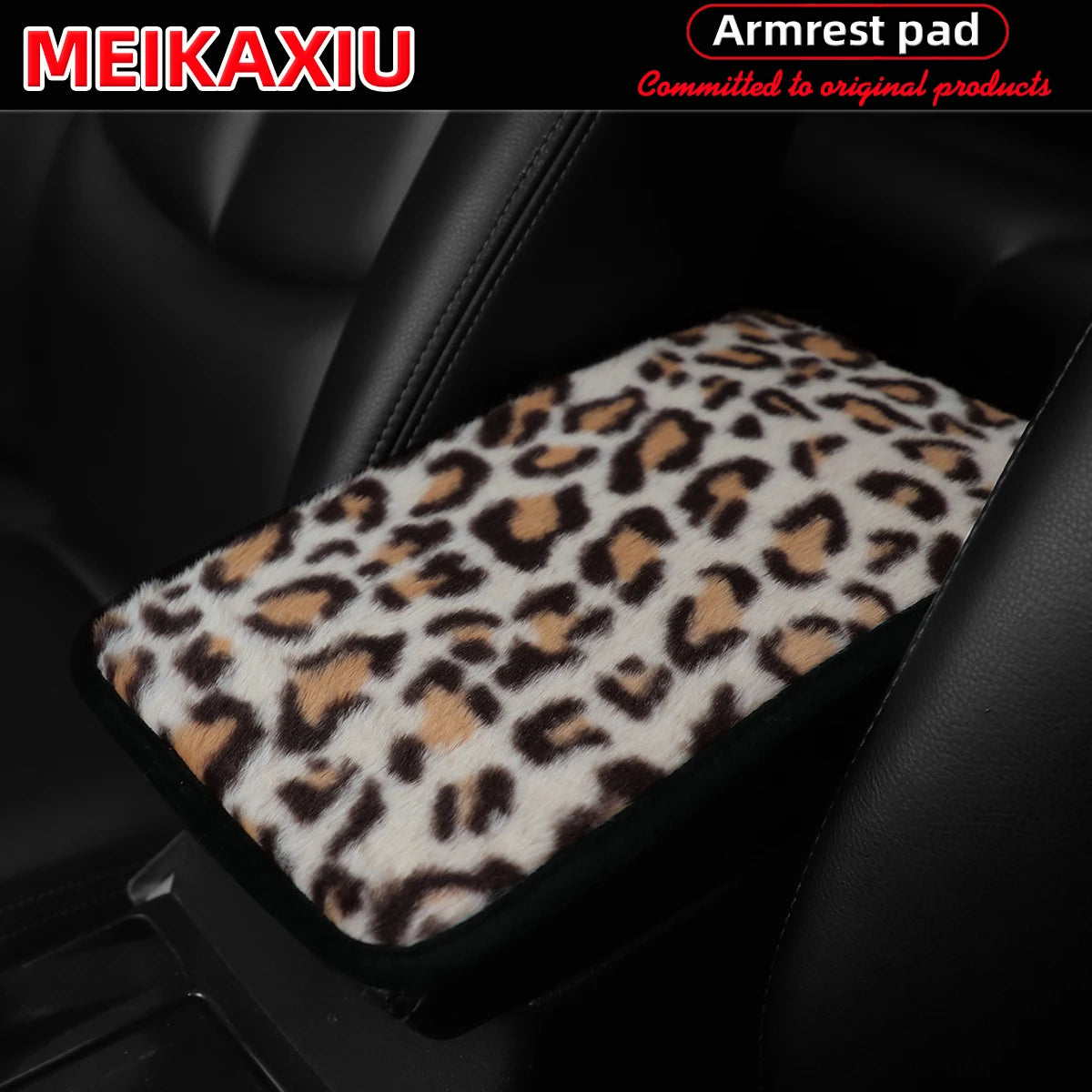 Leopard print plush cover for a car armrest.