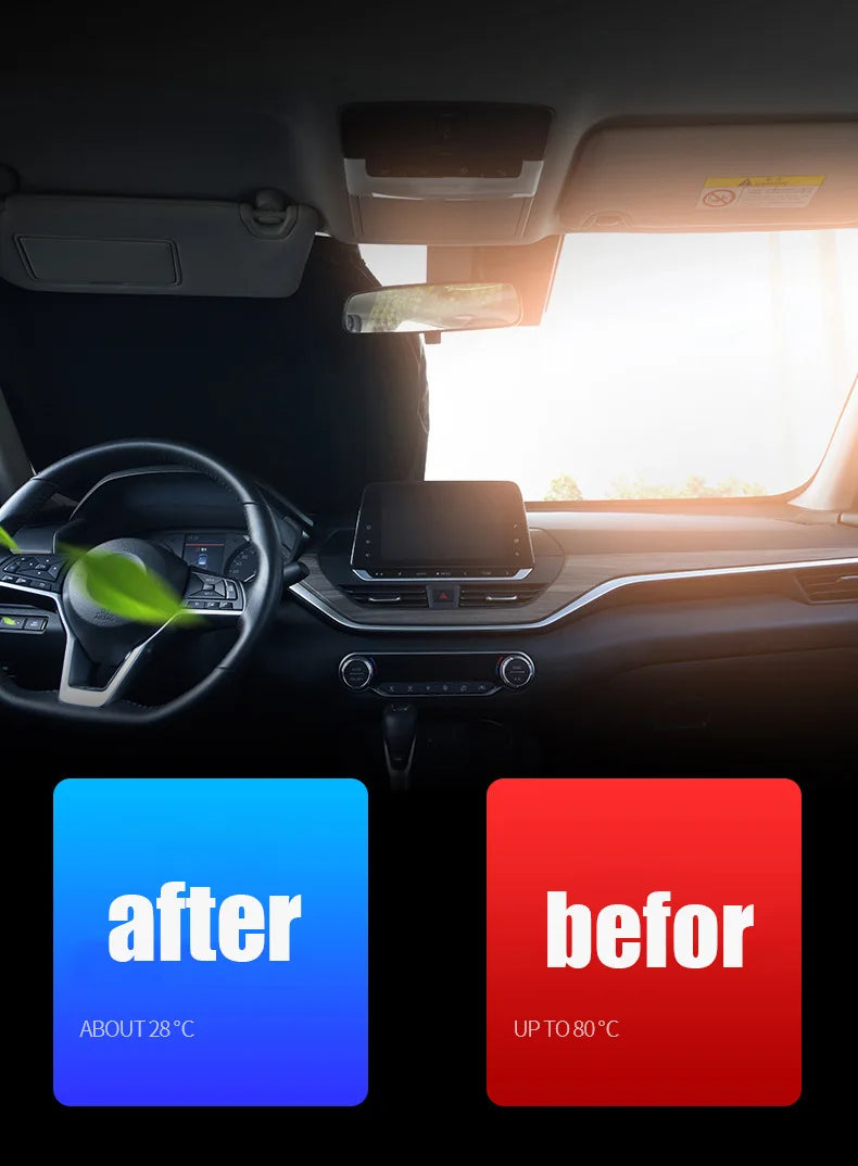 Vue intérieure d'une voiture montrant un pare-soleil de qualité installé sur le pare-brise avant.