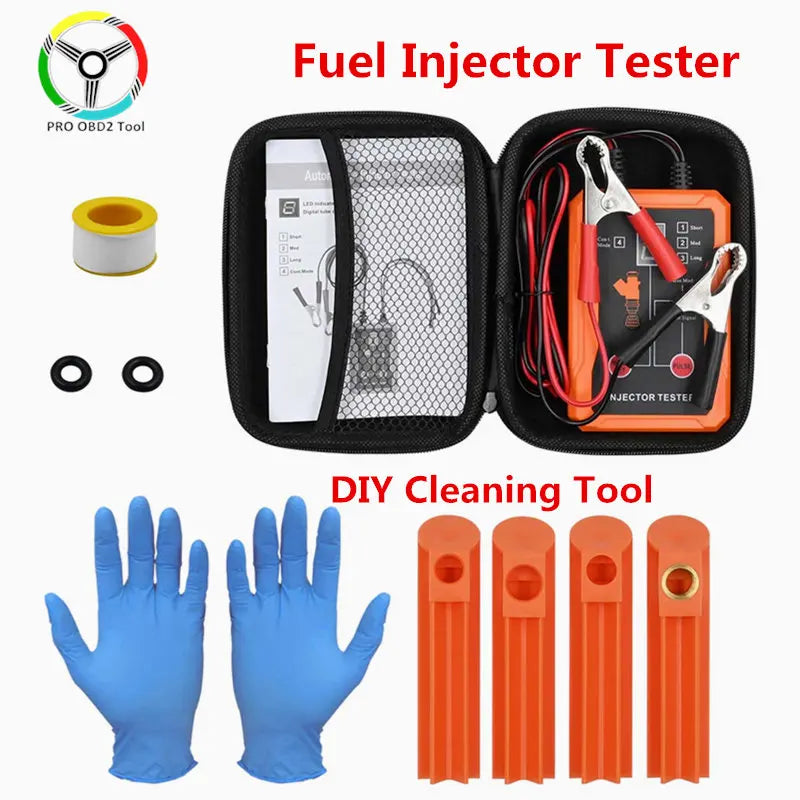 A set of fuel injector testers and cleaning tools including a tester, injectors, and four pulse modes.