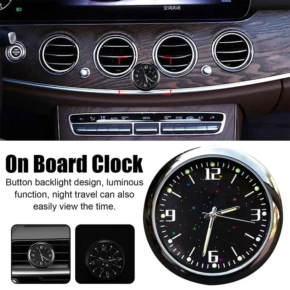 A stick-on car clock with a waterproof display showing the time on a dashboard.