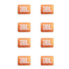 A set of eight square 3D aluminum car audio emblems with the letters JBL embossed in silver on an orange background.