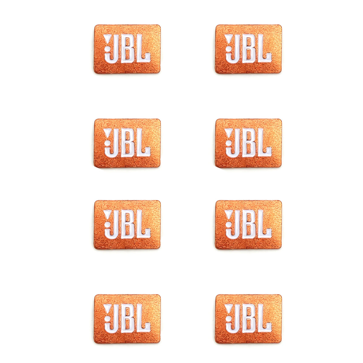 A set of eight square 3D aluminum car audio emblems with the letters JBL embossed in silver on an orange background.