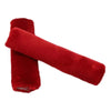 A rolled red luxury car seatbelt shoulder pad.