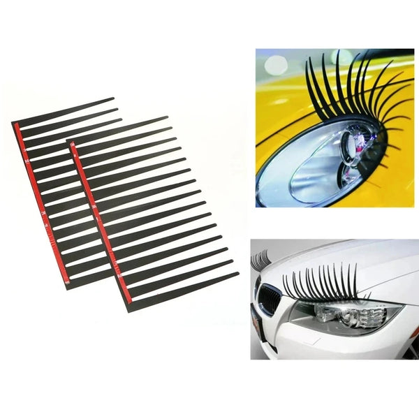 A set of black car headlight eyelash stickers, two pieces shown next to a close-up of the applied effect on a white car headl