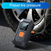 A portable tire pressure gauge device is shown next to a car wheel, with a blue overlay indicating preset tire pressure.