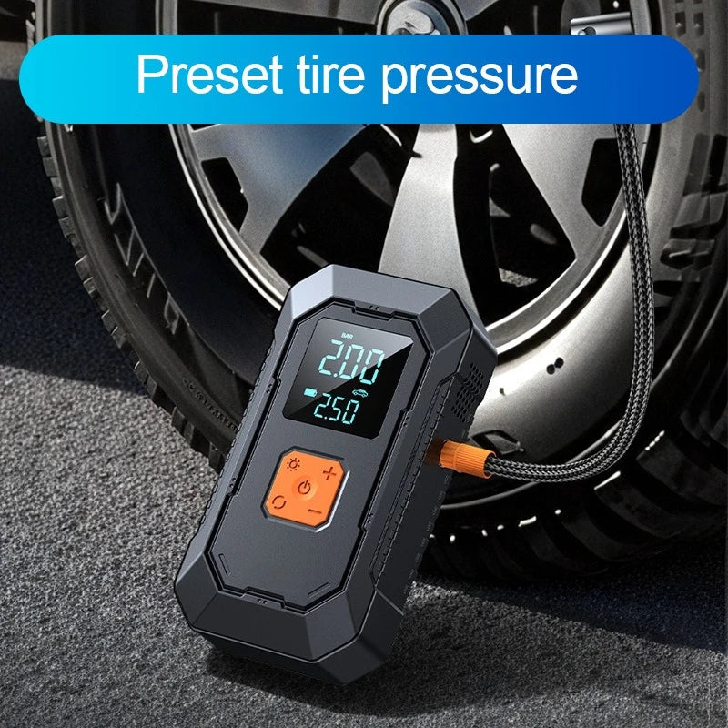 A portable tire pressure gauge device is shown next to a car wheel, with a blue overlay indicating preset tire pressure.