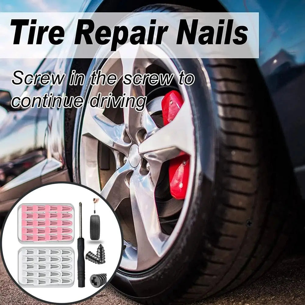 A close-up of a car tire showing nail repairs and an accompanying kit with screws and tools.