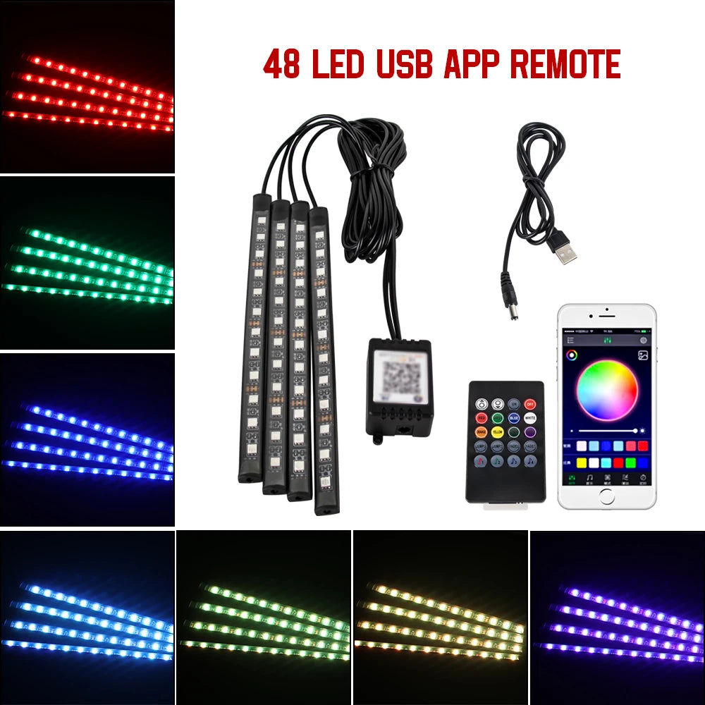 48 LED USB-App-Fernbedienungsleiste mit verschiedenen Farboptionen, angezeigt auf einem Smartphone.