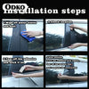 Installation steps showing how to clean, locate, tear off adhesive, and install a gloss black car door window trim cover.