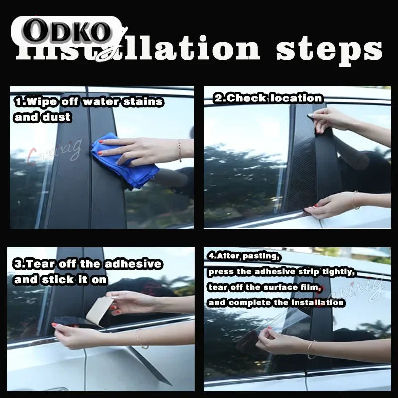 Installation steps showing how to clean, locate, tear off adhesive, and install a gloss black car door window trim cover.