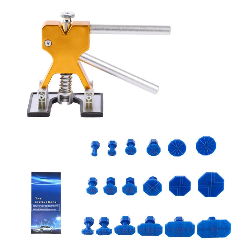 A set of yellow plastic dent puller tools and various blue plastic puller tips for auto repair