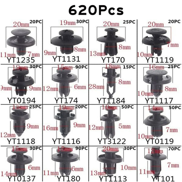 A collection of 620 plastic car retainer clips labeled with various model numbers and sizes.