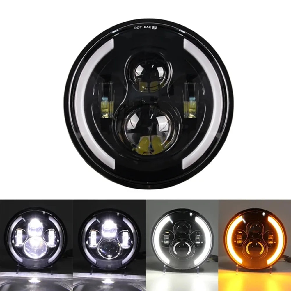A circular motorcycle LED headlight assembly with multiple light elements.