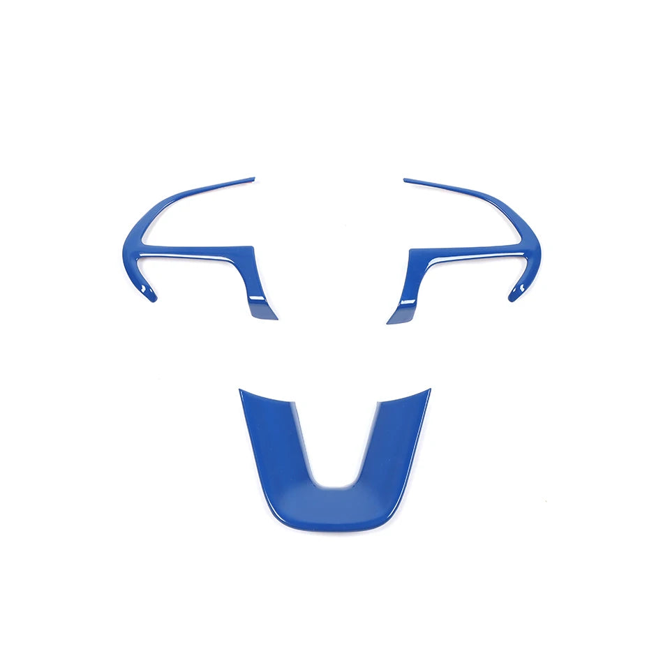 A blue universal car steering wheel decoration cover with a curved shape.