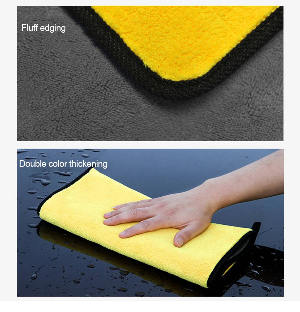 Close-up of yellow microfiber car washing towels showing fluff edging and double color thickening.