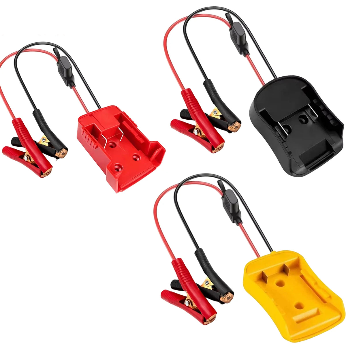 A set of universal 20V battery jumper clamps in red, black, and yellow for electrical connections.