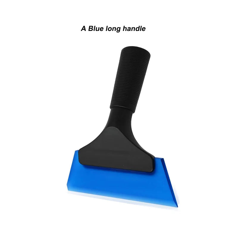 A blue long handle squeegee with a black rubber blade for window and surface cleaning.