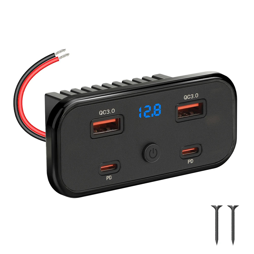 Black charger panel with QC3.0 and PD ports and a display showing 12.8V, connected by a red wire.