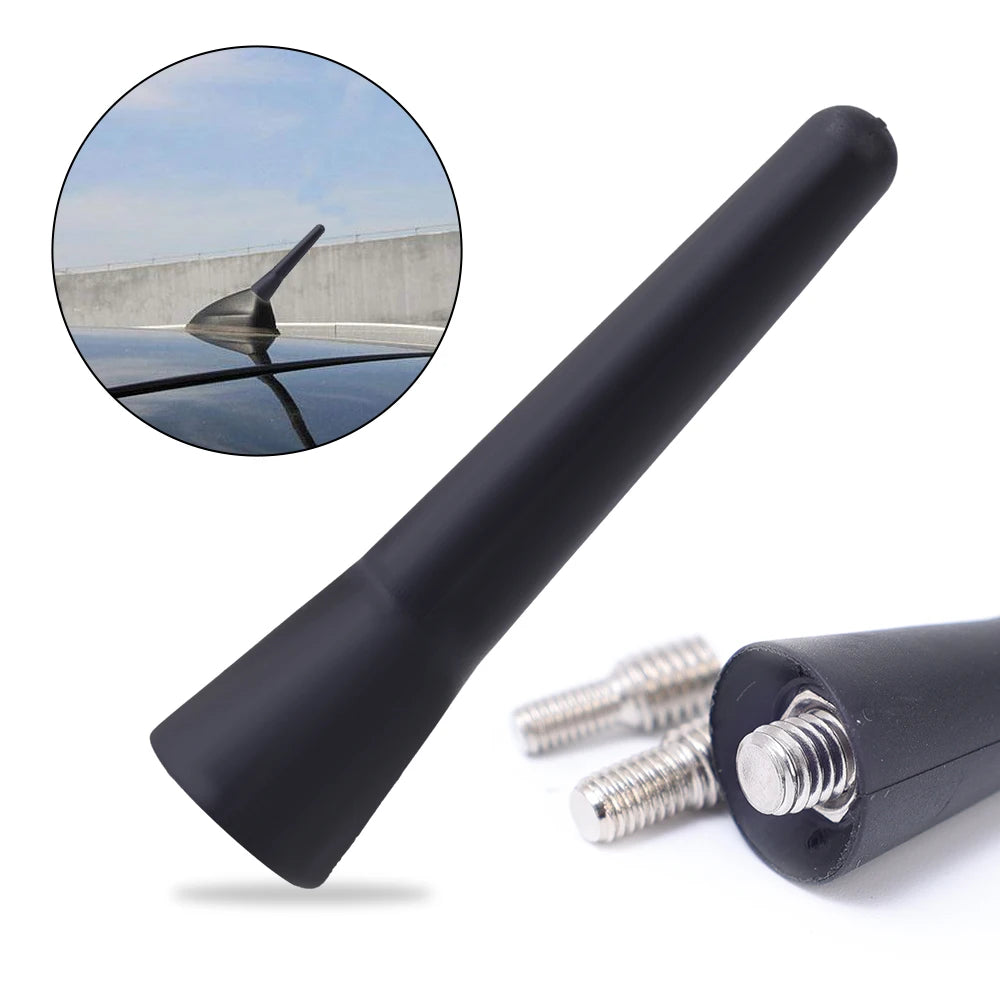 Black universal car roof antenna with mounting screws and a view of the antenna installation.