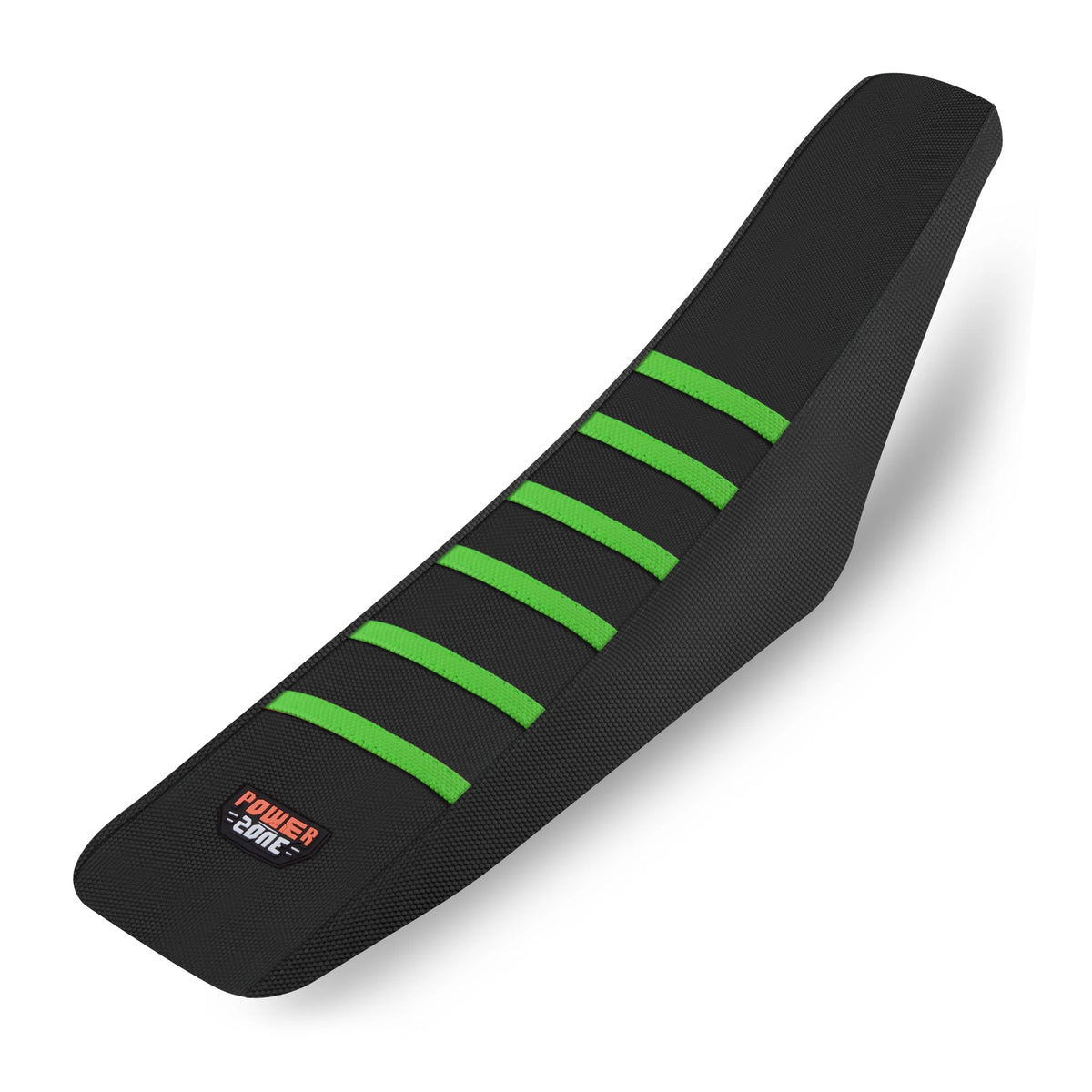 Black ribbed motorcycle seat cover with bright green stripes.
