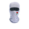 A light gray balaclava hat with a black visor and a red rose embroidery on the chest.