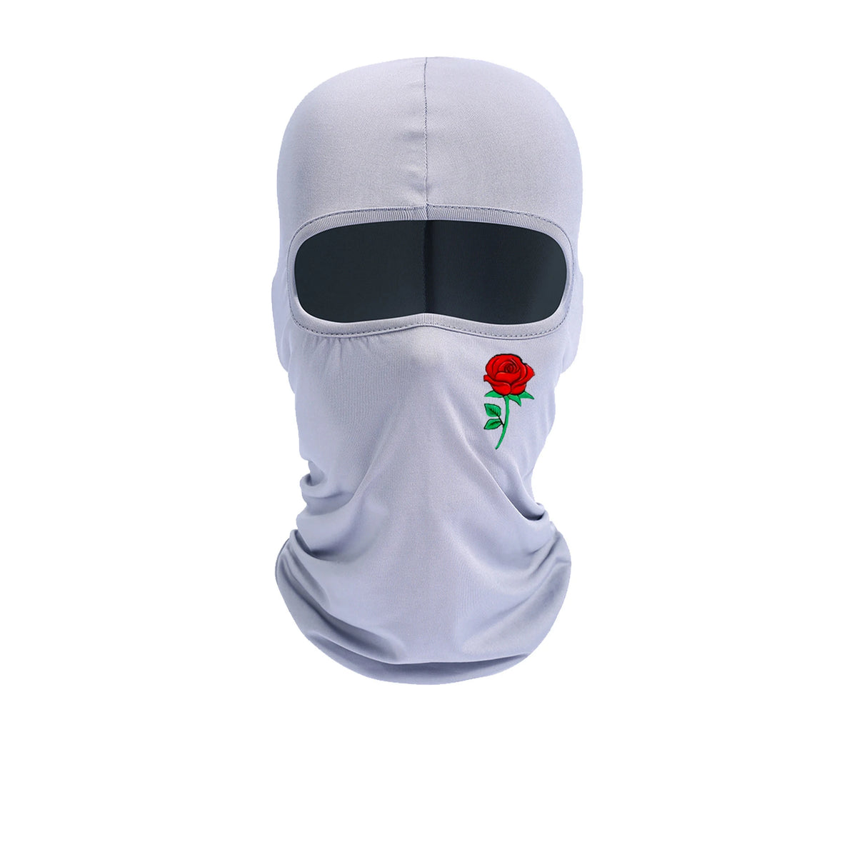 A light gray balaclava hat with a black visor and a red rose embroidery on the chest.
