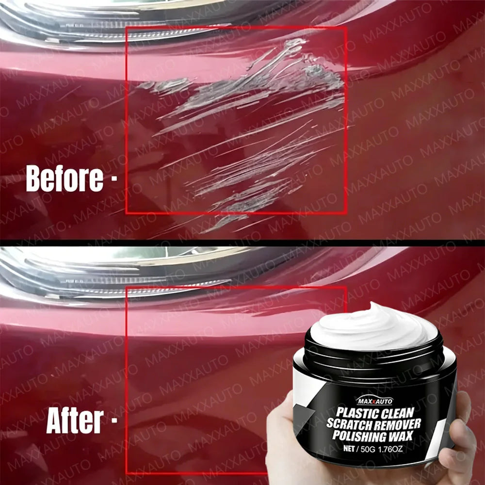 Before and after comparison showing a plastic clean scratch remover polishing wax on a red car surface