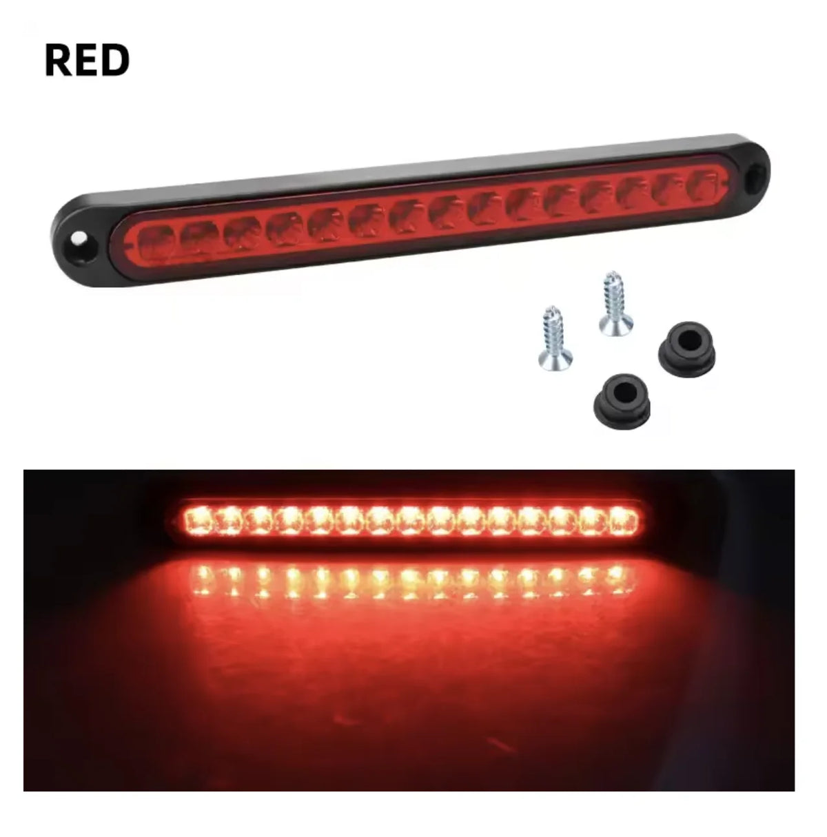 A red heavy duty truck and trailer light bar with multiple LED bulbs and mounting screws.
