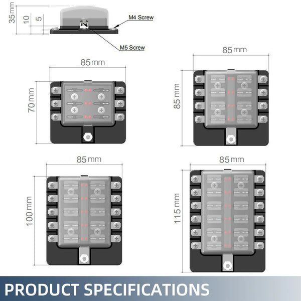 Diagrams showing various sizes of a multi-way blade fuse box with different mounting screws and dimensions.