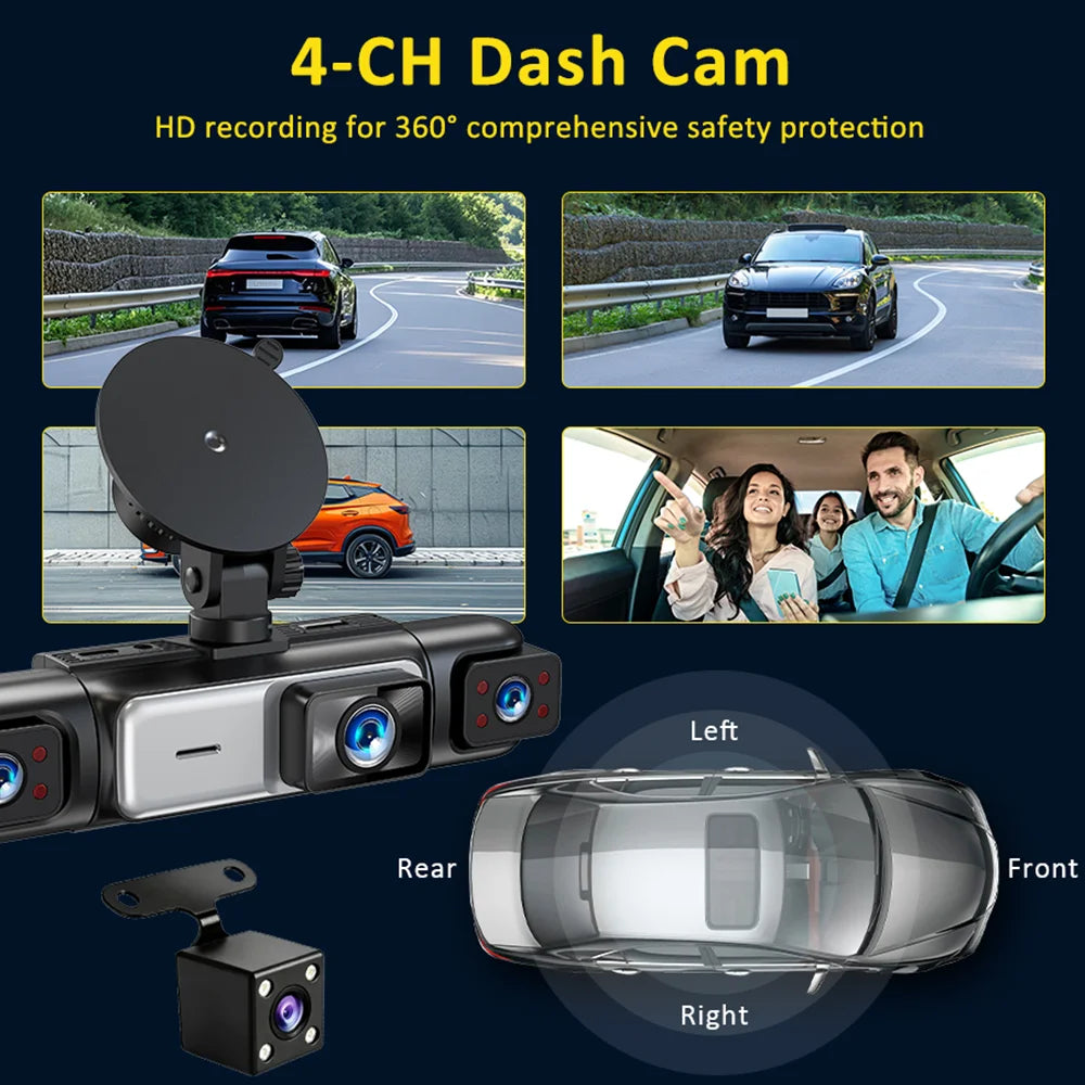 A 4-channel dash cam system showing various camera angles and a main unit with front, rear, left, and right mounted cameras.