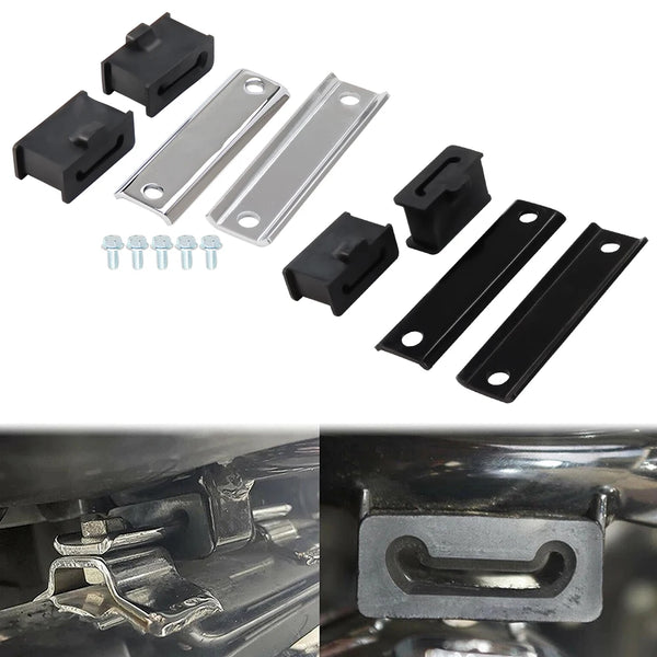 A set of chrome and black muffler hanger brackets for Harley touring models, including various sized metal and plastic compon