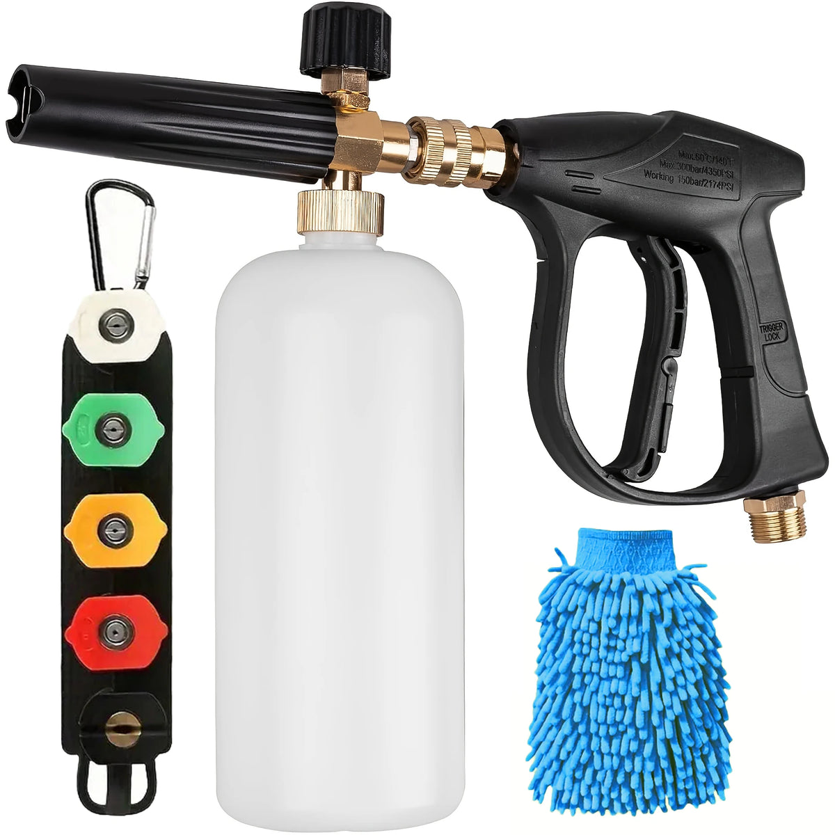 A professional high-pressure cleaning gun with a white bottle and a multi-nozzle kit featuring various colored spray heads.