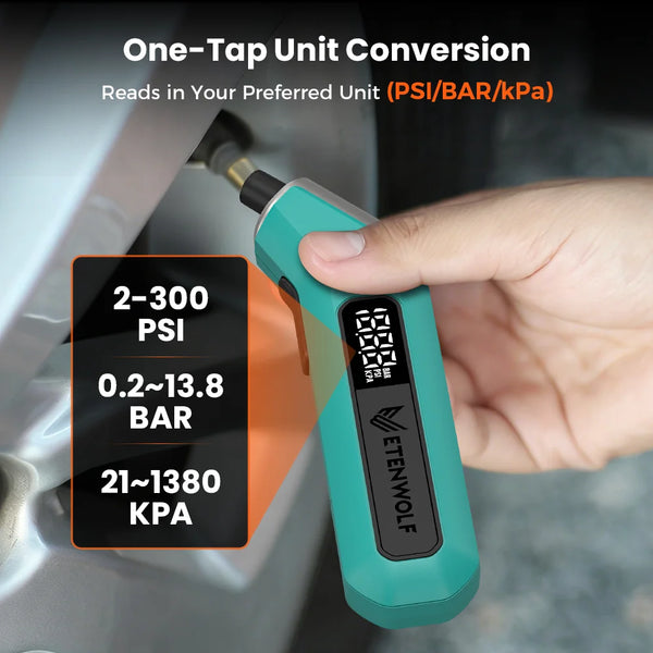 A hand holds a teal digital tire pressure gauge, demonstrating one-tap unit conversion for PSI, BAR, and kPa measurements.