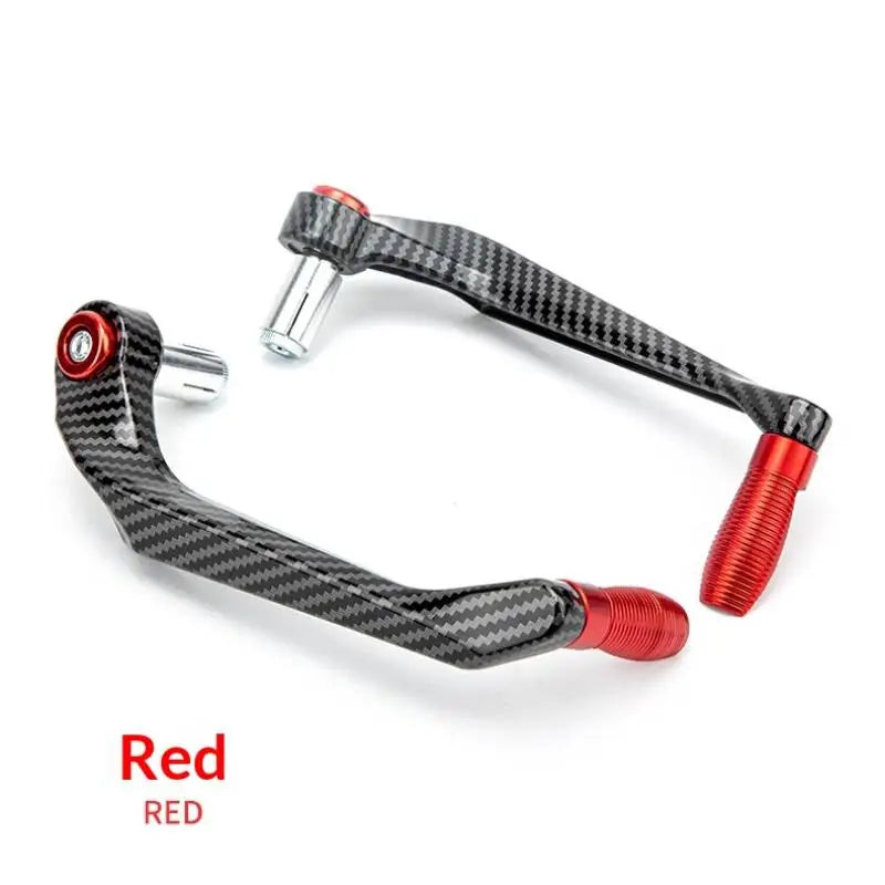A close-up view of a black and gray patterned motorcycle hand guard and lever protector with red accents.